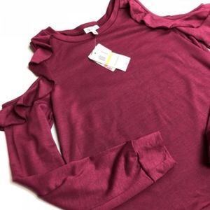 Self Esteem Burgundy Long Sleeve Cold Shoulder Top